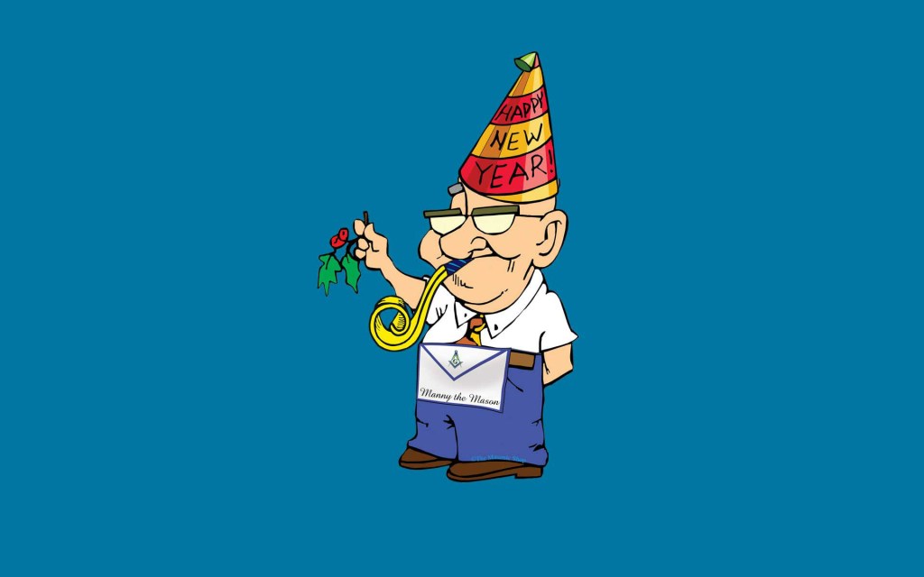 Manny the Mason celebrates New Years Day with a noisemaker holding mistletoe and wearing a party hat that says "Happy New Year!"