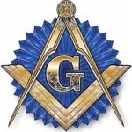 Gold Masonic Compass & Square Symbol with the letter G and a pleated blue circle behind it