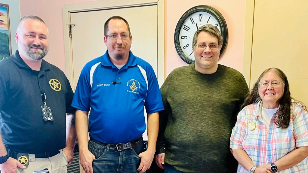 Masons Terry Fritts, WM Will Bryan, Lewis Moten along with OES Worthy Matron Denise Brown stand proud of their commitment to their community serving the seniors at Warren County Senior Center on August 11, 2023