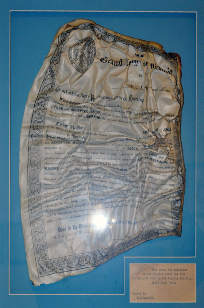 Unity Lodge No. 146 Charter wrinkled due to a fire.
