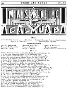 Masonic Club
Officers
James Draper Francis: President
Robert Richard Carman: Vice President
Ernest L. Visanska: Secretary and Treasurer
Fratres in Facultate
Paul B. Barringer
William Minor Lile
James H. Browning
William M. Randolph
Thomas N. Page
L. L. Holiday
Bruce R. Payne
Hugh T. Nelson
Richard Henry Whitehead
Members
Henry Erwin Batcheller, Rockfish Lodge No. 108, Schuyler, Va.
T. J. Butler, Vicksburg Lodge No. 26, Vicksburg, Miss.
E. W. Carter, Fredericksburg Lodge No. 4, Fredericksburg, Va.
Robert Richard Carman, Tangier Lodge No. 159, Taylor, Md.
Andrew H. Caldwell, Ebenezer Lodge No. 76, Sanatobia, Miss.
S. Brock McG. Dear, Washington Lodge No. 78, Washington, Va.
H. G. Dickie, Lovesville Lodge U. D., Roseland, Va.
Warren J. Davis, Unity Lodge No. 146, Front Royal, Va.
George Fordham, Widow's Sons' Lodge No. 60, Charlottesville, Va.
Warren H. Fretwell, Lee Lodge No. 209, Waynesboro, Va.
James Draper Francis, Thomas C. Cecil Lodge No. 375, Pikeville, Ky.
Richard McCord Hoffman, Acacia Lodge No. 142, Woodstock, Va.
G. L. Howard, Howard-Wyatt Lodge No. 248, Floyd, Va.
James Paris Jones, Door to Virtue Lodge No. 163, New Castle, Va.
D. H. Kizer, Marchall Lodge No. 39, Lynchburg, Va.
W. W. Keyes, Mt. Ararat Lodge No. 44, Belair, Md.
Gibney Oscar Letcher, Jerusalem Lodge No. 9, Henderson, Ky.
J. P. Long, Widow's Sons' Lodge No. 60, Charlottesville, Va.
Dana P. Miller, Fairmont Lodge No. 9, Fairmont, W. Va.
T. V. McCall, (Demit), Richmond, Va.
H. E. Tincher, Larrabee Lodge No. 139, Stitesville, Ind.
William W. Terry, Ruth Lodge No. 89, Norfolk, Va.
Ernest L. Visanska, Clinton Lodge No. 3, Abbeville, S. C.
Robert Williams, Malita Lodge No. 295, Philadelphia, Pa.