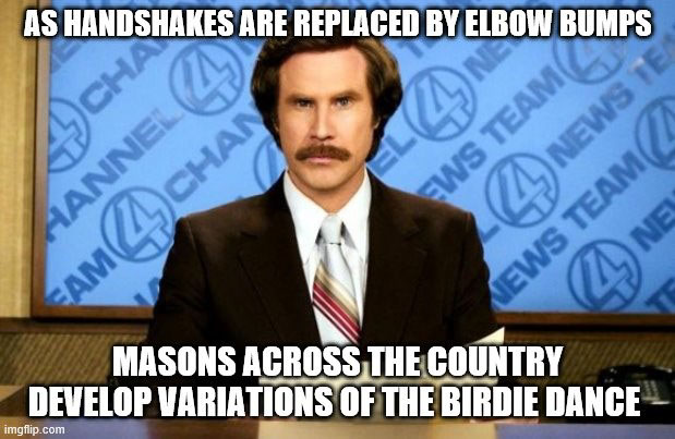 A meme of Rob Burgundy, from the movie "Anchorman: The Legend of Rob Burgundy", is seen reporting from is Channel 4 news team desk stating "As handshakes are replaced by elbow bumps, Masons across the country develop variations of the birdie dance.