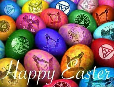 Colorful easter eggs with various symbols in Freemasonry like the compass and square, Royal Arch, Scottish Rite double-headed eagle, and a Masonic apron.