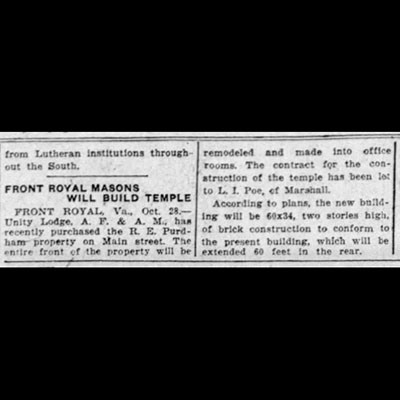 Front Royal Masons Will Build Temple