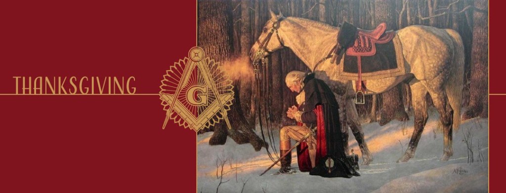 George Washington kneeling in the snow, praying in Winter with his white horse with the text "Thanksgiving" and a Freemasonry symbol.
