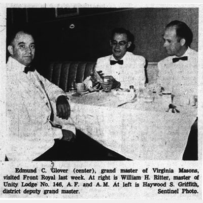 Edmund C. Glover (center), grand master of Virginia Masons, visited Front Royal last week. At right is William H. Ritter, master of Unity Lodge No. 146, A.F. and A.M. At left is Haywood S. Griffith, district deputy grand Master. - Sentinel Photo.