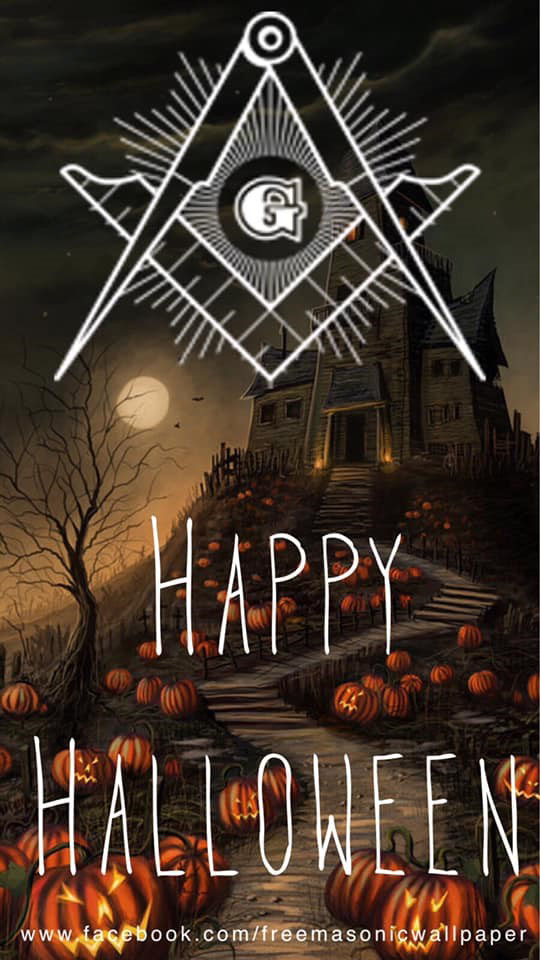 Freemasonry square and compass with the text, "Happy Halloween". Attributed to "free masonic wallpaper" on Facebook