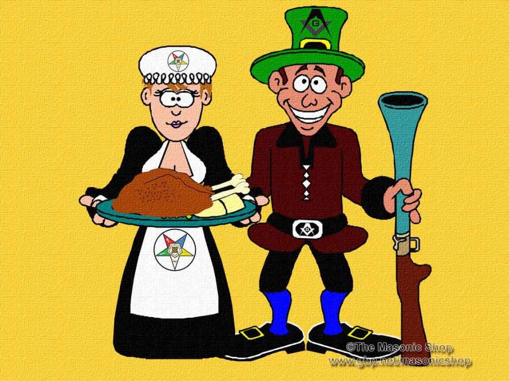 Two pilgrims as a blue lodge Mason holding a blunderbuss and a Matron from the Order of The Eastern Star holding a cooked turkey for Thanksgiving.