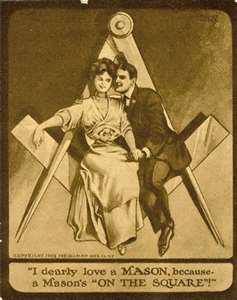 Vintage drawing of a woman and man sitting on a square within the Freemasonry emblem - I dearly love a MASON, because a Mason's "ON THE SQUARE"!