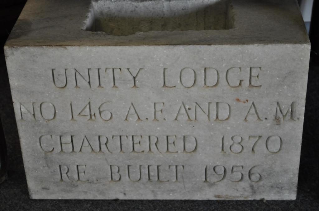 Cornerstone - UNITY LODGE NO 146 A.F. AND A.M. CHARTERED 1870 RE BUILT 1956