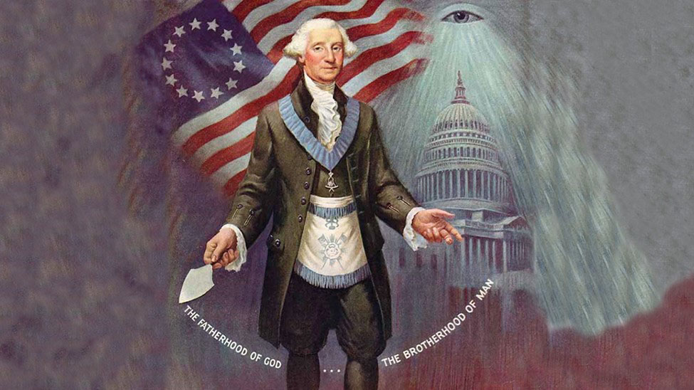 A painting of the first President of the United States, George Washington, as a Mason holding a trowel in front of the US Capital under the eye of providence, and standing in front of the American flag with 13 stars and text that reads "The fatherhood of God... The brotherhood of man"