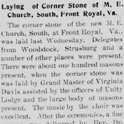 Laying of Corner Stone of M. E. Church, South, Front Royal,&nbsp;Va.