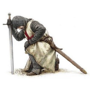 Knights Templar praying and kneeling with sword