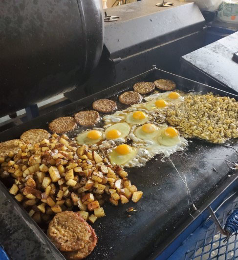 So mote it beef bbq cooking eggs, hash browns, and sausage on veterans day 2020