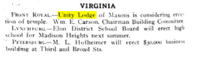 Front Royal - Unity Lodge of Masons is considering erection of a temple. Wm. E. Carson, Chairman Building Committee.