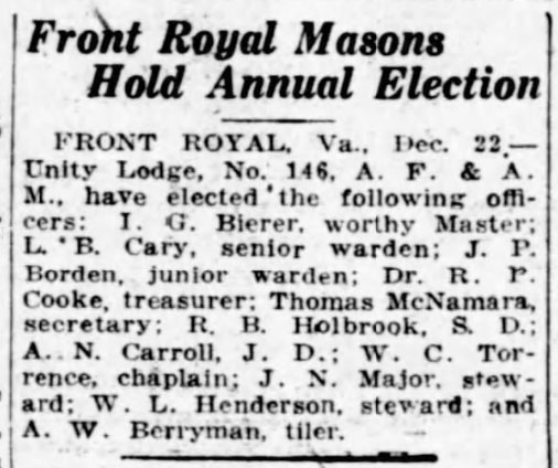 Front Royal Masons Hold Annual Election
FRONT ROYAL, Va., Dec. 22 - Unity Lodge, No. 146, A. F. & A. M., have elected the following officers: I. G. Bierer, worthy Master; L. B. Cary, senior warden; J. P. Borden, junior warden; Dr. R. P. Cooke, treasurer; Thomas McNamara, secretary; R. B. Holbrook, S. D.; A. N. Carroll, J. D.; W. C. Torrence, chaplain; J. N. Major, steward; W. L. Henderson, steward; and A. W. Berryman, tiler.