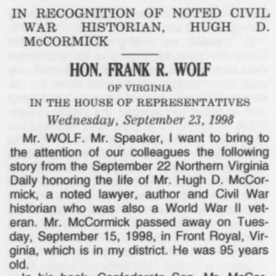 In Recognition of Noted Civil War Historian, Hugh D.&nbsp;McCormick