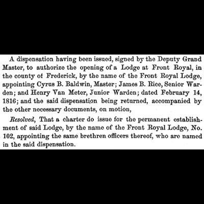 Charter Issued for Front Royal Lodge No. 102