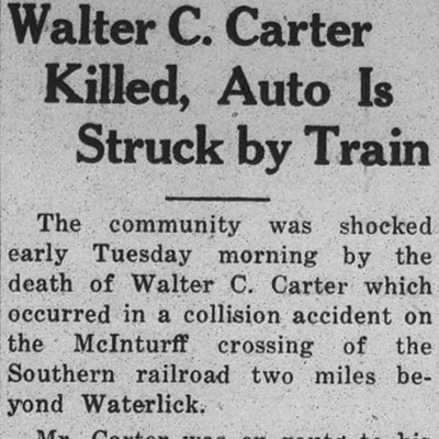 Walter C. Carter Killed, Auto Is Struck by Train