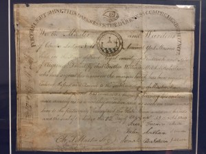 Master Mason Certificate reads: For the light shine, thin darkness & The darkness comprehendeth it not. We the Master and Wardens of Chester Lodge No. 61 Ancient York Masons held in the Town of Front Royal county of Frederick and state of Virginia; Do certify that Brother William Mitchel Robertson who has signed his name  in the margin hereof has been regularly Entered, Passed, and Raised to the sublime degree of Master Mason in ... Lodge and has conducted himself of deserving? his contain? once among us, is a worthy member and as such ever recommend him to the fraternity throughout the globe. Herein under our hands and the seal of the Lodge this 12th day of August AD 1803 AL 5803. Samuel Turner, Master; John Lantham?, S Warden; Jorsh? Baldwin, J Warden; Ch. T. Mastin, Sec